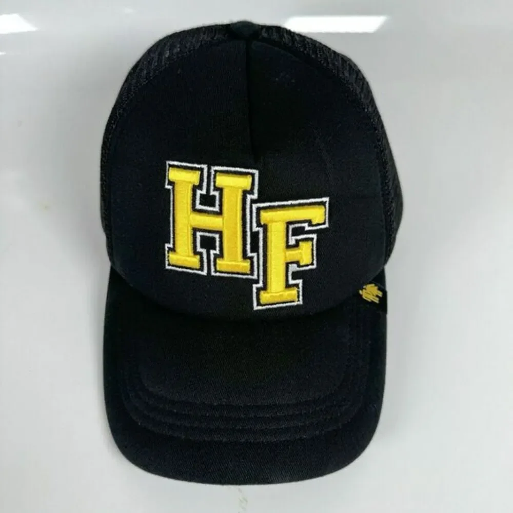 Homme Femme HF Varsity Font Trucker Hat SnapBack Black Yellow Letterman OSFA‎